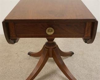 1102	MAHOGANY PEDESTAL DROP LEAF TABLE  W/ DRAWER & BRASS CLAW FEET, 34 IN X 21 IN CLOSED, 29 1/4 IN H, DROPS ARE 9 3/4 IN
