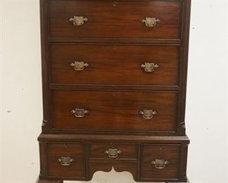 1107	2 PIECE MAHOGANY HIGH BOY HAS SHELL CARVINGS ON THE KNEES, REEDED COLUMNS & DENTAL MOLDING, 37 1/4 W, 75 IN H 
