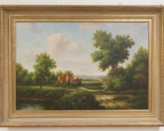 1120	OIL ON CANVAS LANDSCAPE W/ CASTLE SIGNED LOWER RIGHT C. MUCCO, OVERALL DIMENSIONS 44 IN X 32 IN 
