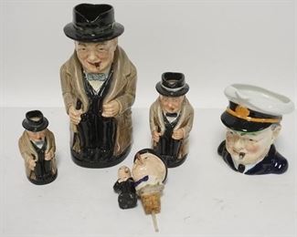 1125	SIX WINSTON CHURCHILL ITEMS, THREE ROYAL DOULTON CHARACTER JUG, A BURLEIGH TOBY PITCHER, A CORK W/ POURING SPOUT AND A SMALL FIGURE, TALLEST JUG IS 9 1/4 IN H 
