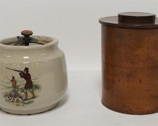 1131	TWO HUMIDORS, ONE IS GRAYS POTTERY W/ HUNTING SCENE, THE OTHER IS LEATHER W/ A GLASS LINER, TALLEST IS 6 1/4 IN 
