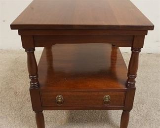 1143	ONE DRAWER END TABLE W/ROTATING TOP AND BOTTOM SHELF. 18 IN SQUARE X 21 1/2 IN HIGH
