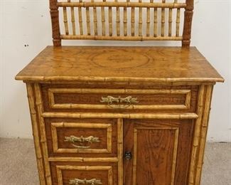 1150	FOLK ART SMOKED BAMBOO AND OAK WASH STAND. HAS A BURNED IN DESIGN ON THE OAK TOP
