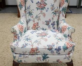 1163	HICKORY CHAIR CO UPHOLSTERED WING CHAIR. STAINING ON ONE SIDE OF THE SEAT CUSHION
