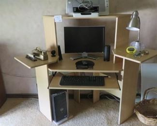 Computer Desk & Computer, Monitor, Printer, & Lamp