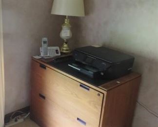 Lateral Wood File Cabinet & Lamp (printer not for sale)