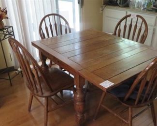 Antique Oak Pull Out Table with 4 Chairs, Plant Stand