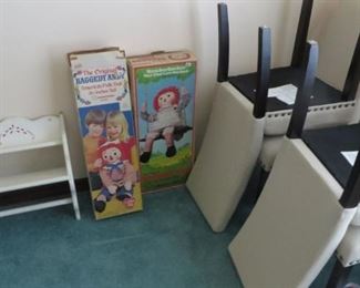 New Large Raggedy Anne and Andy Dolls, Shelf, 4 Side Chairs