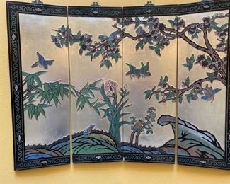 138L Chinese Coromandel 4 Panel Silver Leaf Screen