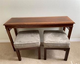 158L Walnut Sofa Table and Two Padded Stools