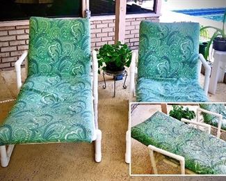PRICE: $40.00 Set of  Vintage PVC Pool Loungers with mesh Slings and Custom Cushions + Round side table. 
Chairs fully recline. 
Chairs: 23” From Floor • 72” Long • 24” Wide 
Table: 18” Across • 20” Tall 
Item#67503