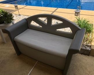 PRICE: $68.00
Rubbermaid Resin Pool storage Bench with back. Seat lifts up.
Measures: 31.5”Tall • 24”Deep • 55”Wide 
Item#67502