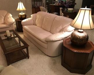 (SOLD) Natuzzi Leather Sofa and Loveseat, Octagonal side tables, MCM Coffee table