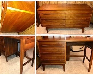 MCM Walnut Dresser- 6 drawer Concave Flared Linear drawer pulls, Desk- 3 drawer 