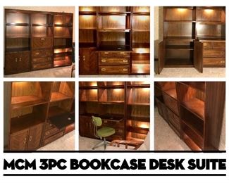 (SOLD)Mid Century Bookcase, Pulldown Desk, and Cabinet in 3 sections... selling on Furniture Phase Winter Haven