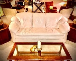 (SOLD)PRICE: $400.00  SOFA Natuzzi Leather, Pale Blush
Measures: 81”Long • 33”Tall • 36”Deep
Item#65458
