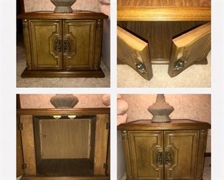 PRICE: $80.00 for the PAIR of Mid Century Mediterranean side table Cabinet pair. 
Measures: 27”Square • 21.5”Tall 

