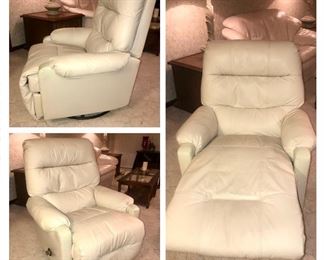 PRICE: $200.00 Leather Recliner 
Manufac: Best Chair Company 
Color: Bone, 
Leather Swivel Rocking Recliner 
Measures: 40”Tall • 34”Wide • 32”Deep 
Item#65459