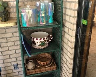 PRICE: $38.00  Wicker etagere painted green to match the rest of the patio wicker.  Very nice condition