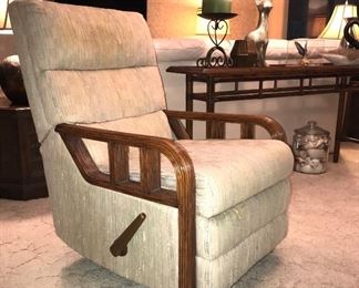 PRICE: $50.00 Each (#1 of 2) Matching Rocking Recliner. Bamboo Reed Wood arm Style. Vintage upholstery from the 1980’s. Needs cleaning. Fabric has no Visible yarn or fiber damage. Comfortable and in good working condition.  