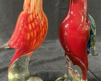 Pair Murano Art Glass Parrot Figurals