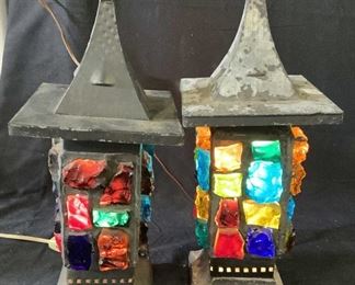 Pair Metal Glass Mosaic Lanterns