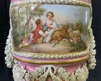 Large Antique Painted Pink Porcelain Urn