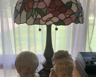 Tiffany Style Lamp, Boy And Girl Resin Busts.