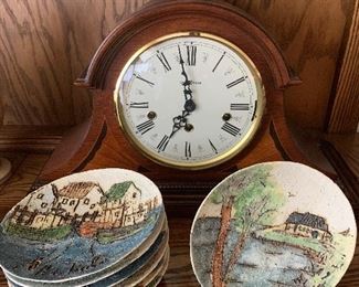 Howard Miller Mantel Clock. Hubert D Roscoat Vintage Signed Pottery Chargers.