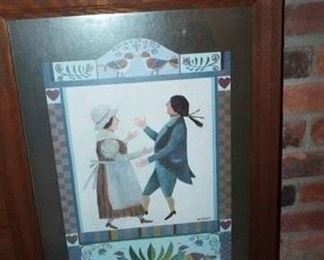 59.  WOOD FRAMED COLONIAL MAN & WOMAN PRINT 22" X 28"     $30.00