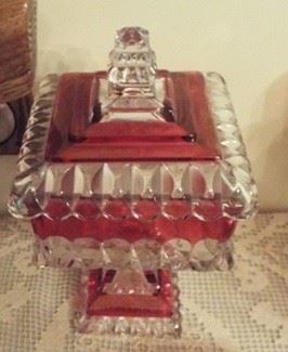 126. RED/CLEAR FOOTED COVERED CANDY DISH  $20.00