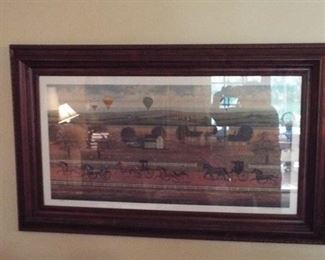 71.  APPROX. 46" X 27" WOOD FRAMED LITHOGRAPH VINTAGE HORSE RACE    $60.00