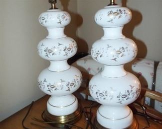 128.  PAIR WHITE GLASS LAMPS, HAVE HARPS NO SHADES       $25.00