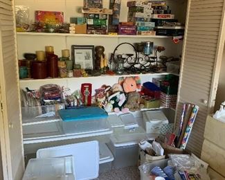 games, holiday décor, candle holders, candles, plastic storage bins
