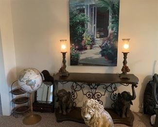 Globe, Plaster Lion, Elephant Hall table, Lamps, wicker 3 tier stand, wall vanity mirror with drawer, Canvas picture