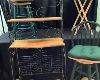 Bakers Rack, Stools, and Folding Table