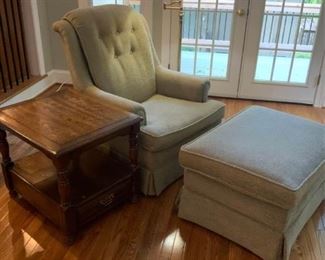 Chair with Ottoman, Wood Table, and Floor Lamp