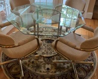 Glass and Brass Original Table with Four Chairs, Rug, and Brass Light Fixture