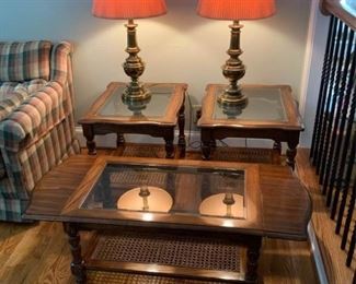 Glass End Tables, Glass Coffee Table, and Two Lamps