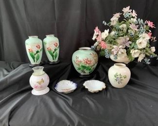 Green Cloisonn Vases and Flowers