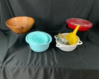 Wood Salad Bowl, Four Mixing Bowls, Four Drainers, and KitchenAid Bowl
