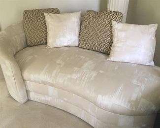 Item #5:  Curved loveseat/fainting couch with pillows. Perfect condition. approx. 65"Lx25"Hx30"D.  $225.00