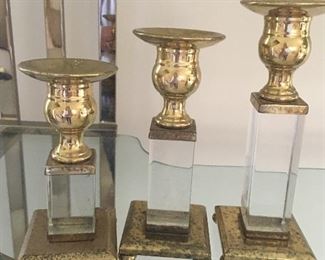 Item #19:  Set of 3 assorted sized brass/lucite candle holders.  Apprx. sizes 6",7", 8.5":  $ 20