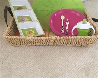Item #24:  Patio dishes w/basket. (14 pink plates): $8