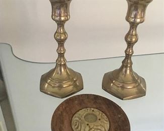 Item #29:  Pair of brass candle holders w/one 6" disc signal holder: $12