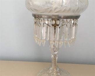 Item #37:  Vintage etched glass lamp with prisms. Apprx. 19" H: $30