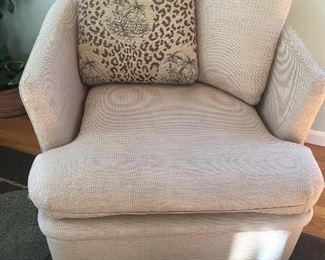 Item 55:  Beige livingroom chair (has slight wear on arms). Comes with extra fabric for arm covers. $45