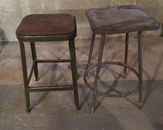Item #84:  Pair of vintage metal stools:  One apprx. 15"sq x 25"H.  One is apprx. 14"sq x24"h:  $10