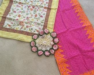 Item #87:  Quilted table runners and crocheted dollie.  Apprx. size of runners is 2.5'x3.5': $5