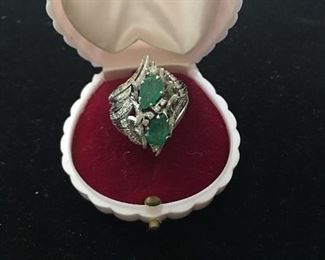Item #88:  Emerald and diamond ring. believed to be platinum (from Turkey):Size 6:   $450.  